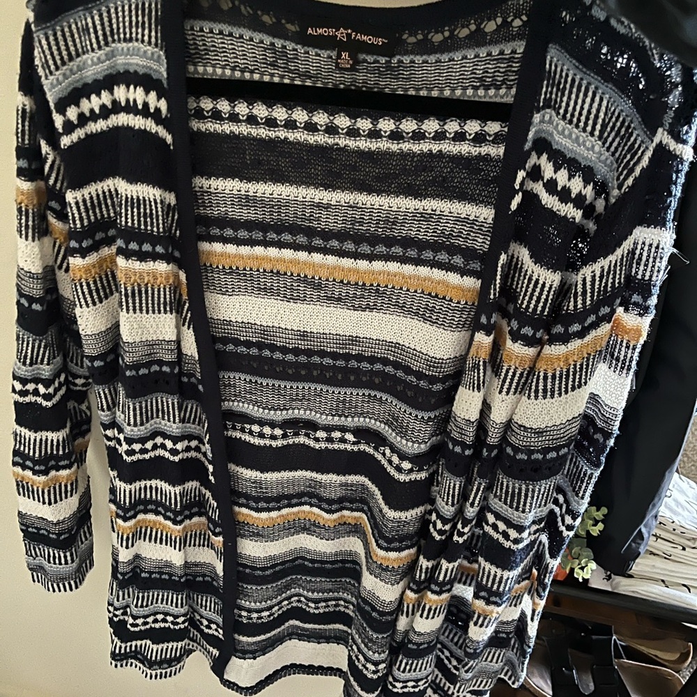Almost Famous Patterned Cardigan - Navy, White, and Gold